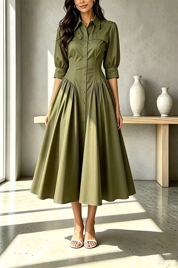 Elegant Linen Blend High Waisted Button Front Detail Pocket Shirt Umbrella Maxi Dress