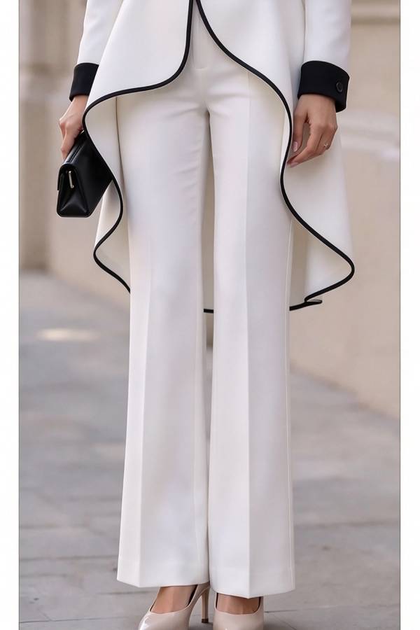 Nayla Color Block Trim Stand Neck Long Sleeve Button High Low Hem Top and Elastic Waist Flare Pants Set