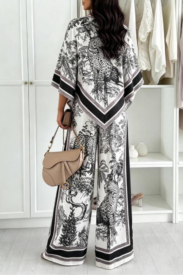 Jungle Leopard Print Batwing Sleeve Top & Wide‑Leg Pants Two‑Piece Set