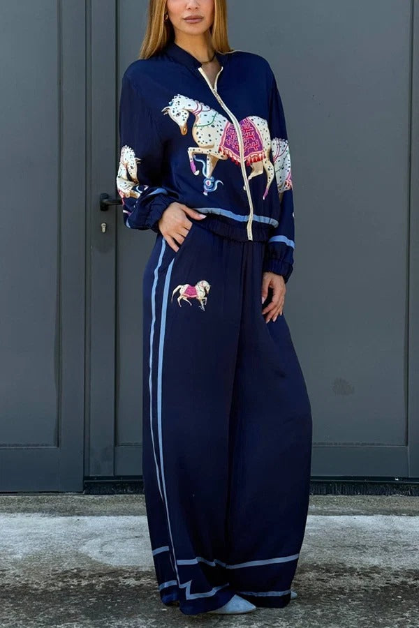 Vintage Horse Print Zip‑Up Casual Two‑Piece Set