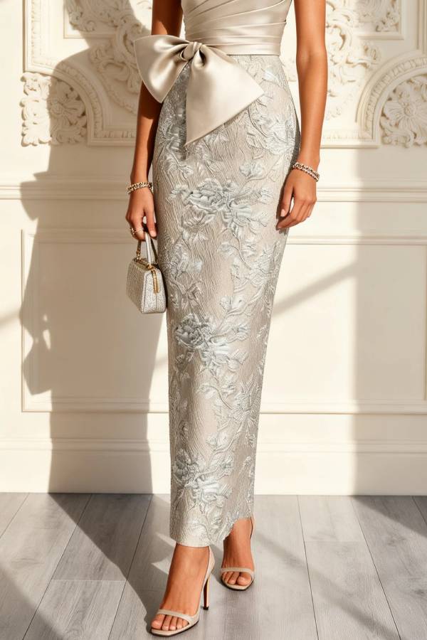 Champagne Ivory Floral Bow Satin One Shoulder Sleeveless Maxi Dress