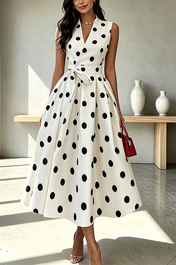 French Vintage Style Polka-dot Print Sleeveless Tie Waist Detail Midi Dress
