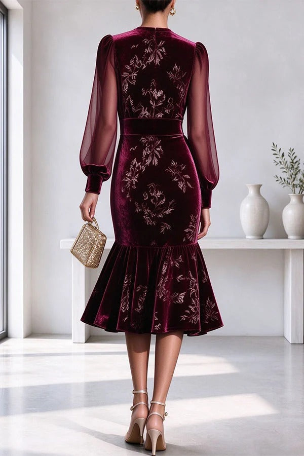 Velvet Sheer Sleeve Floral Dress