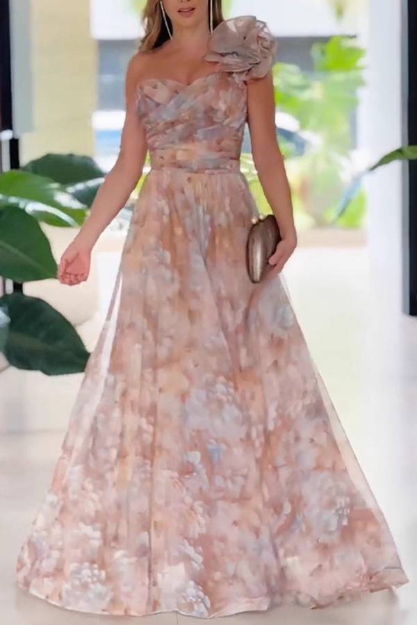 Watercolor-Print One-Shoulder Floral Evening Gown