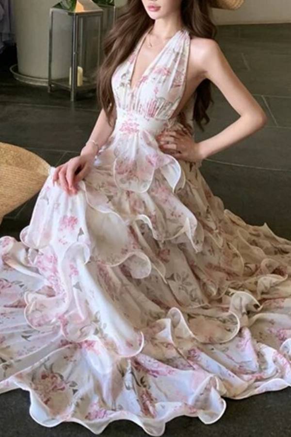 Halter Deep V Floral Ruffle Tiered Maxi Dress