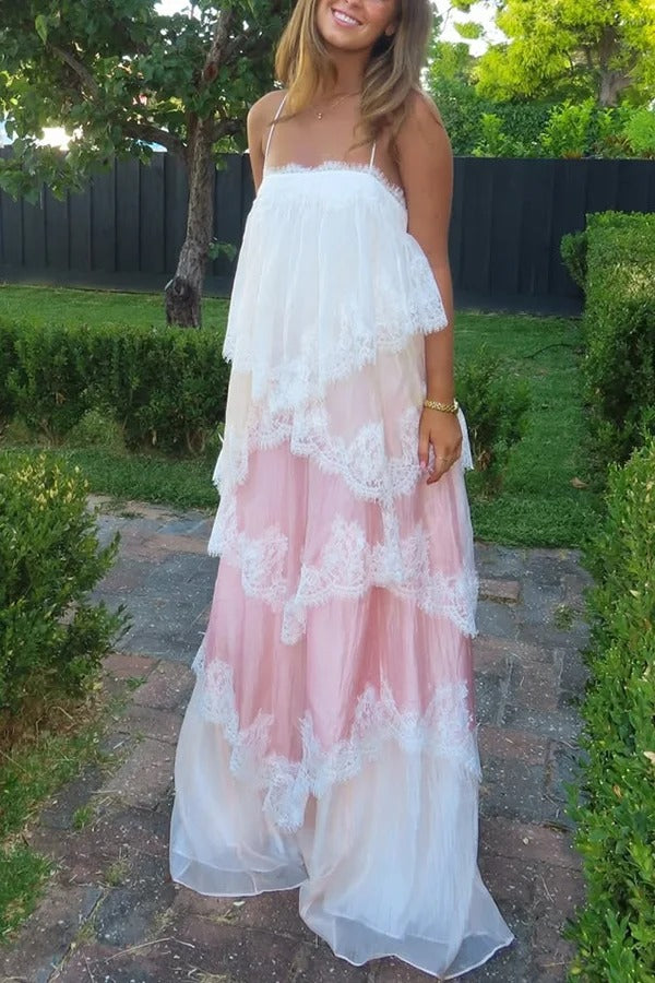 Caroline Gradient Layered Lace Trim Tiers Adjustable Straps Backless A-line Maxi Dress