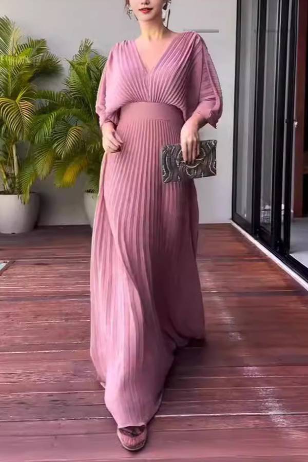 Deep V Batwing Sleeve Pleated Waist Cinched Maxi Evening Gown