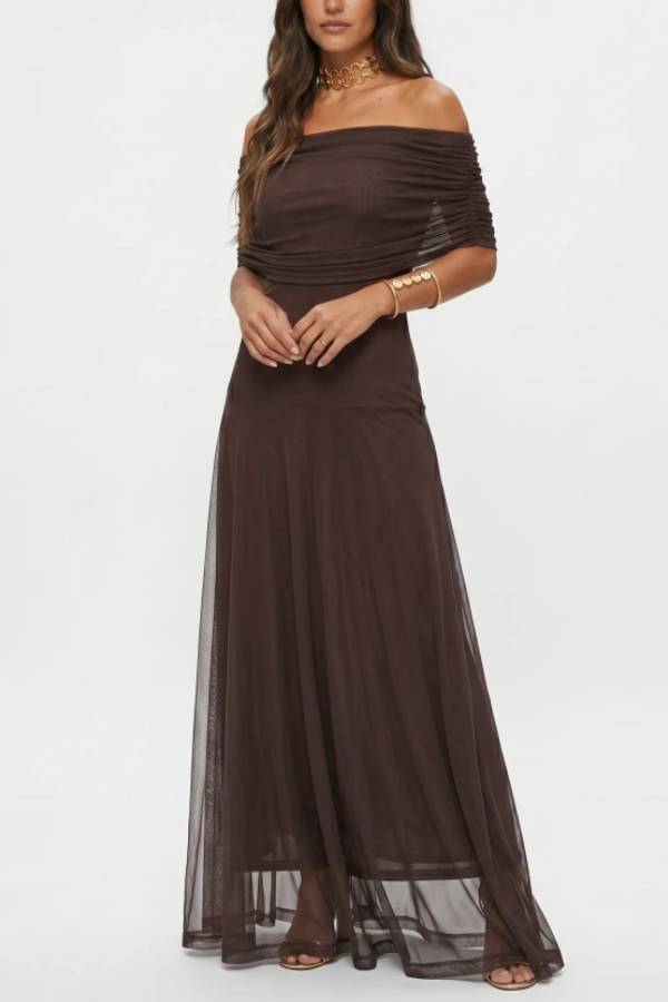 Women's One Shoulder Draped Mesh Maxi Dress in Abstract Print