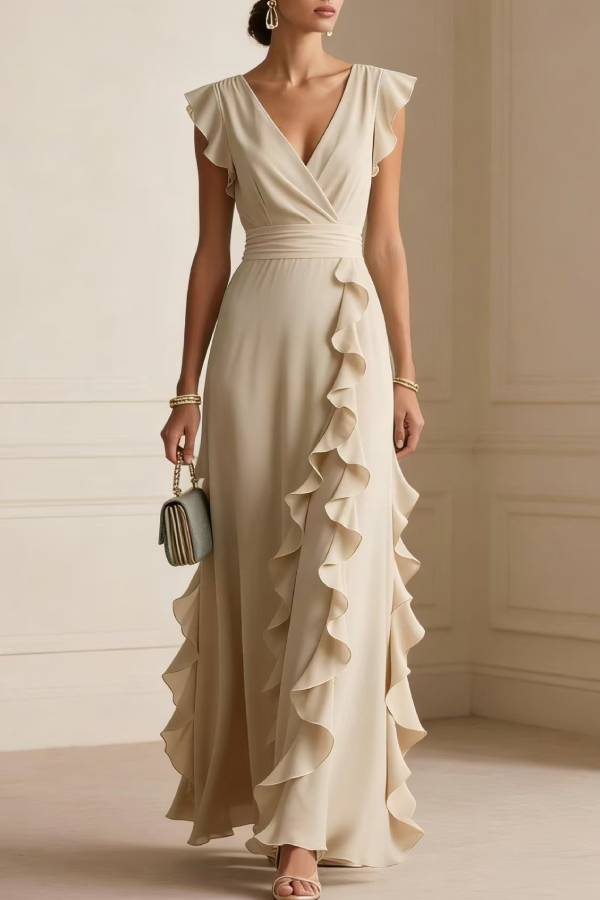 V‑Neck Ruffle Cap Sleeve Wrap Waist Chiffon Long Evening Dress