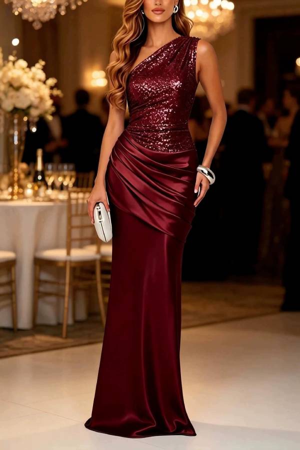 One‑Shoulder Sequin Satin Mermaid Evening Gown