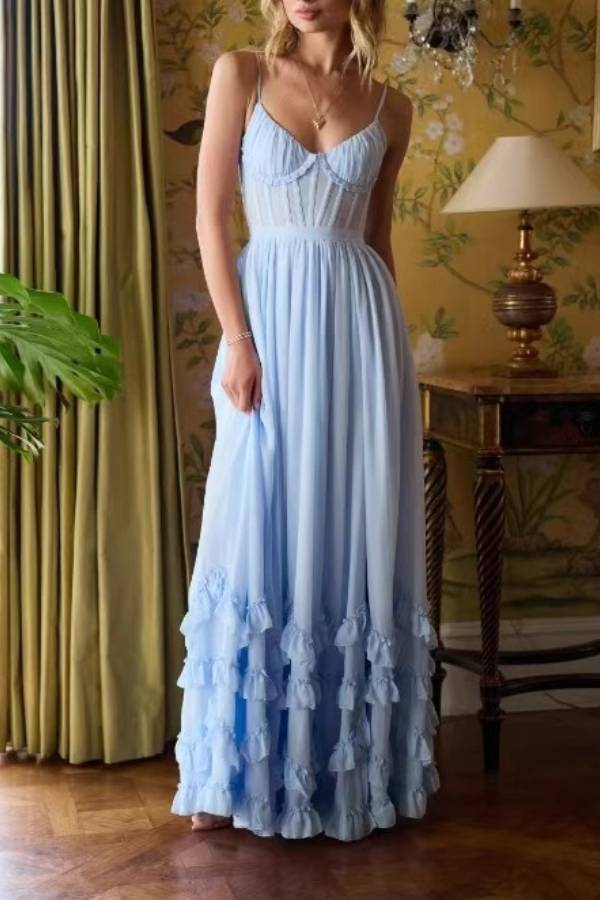 Multi-Color Spaghetti Strap V-Neck Ruffle Slit Maxi Formal Dress