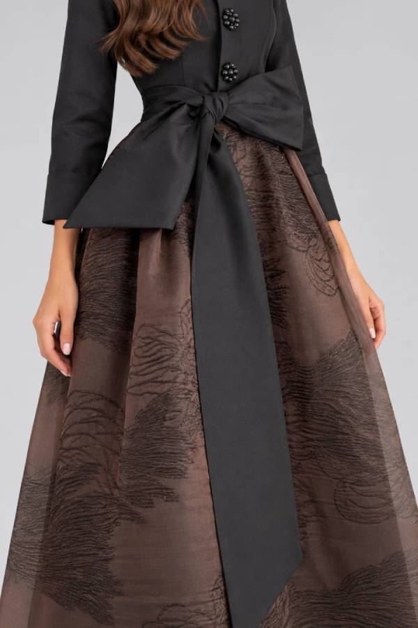 Elegant Black Long Sleeve Bow Belted Shirt Dress with Floral Buttons