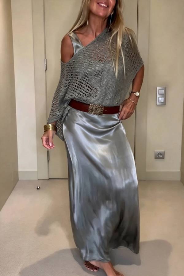 Journi Cutout Knit Cape Top and Satin Sleeveless Maxi Dress Two Pieces Set