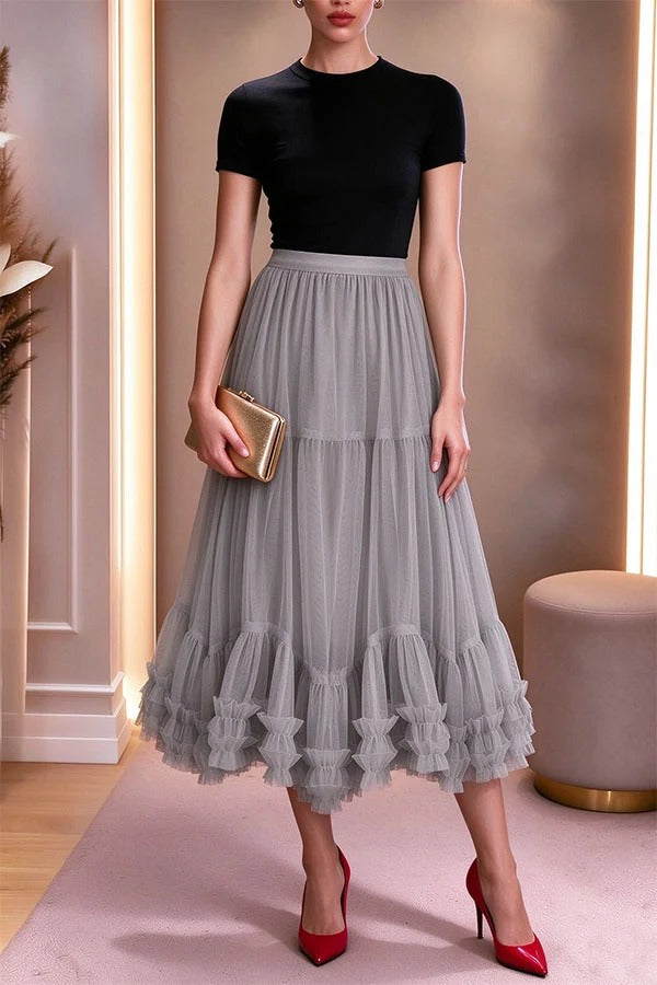 Sweet Style Mesh Elastic Waistband Lettuce-edge Detail Puffy Midi Skirt