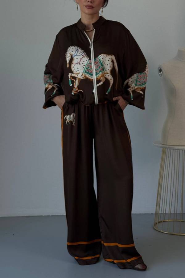Vintage Horse Print Zip‑Up Casual Two‑Piece Set