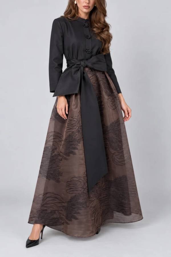 Elegant Black Long Sleeve Bow Belted Shirt Dress with Floral Buttons