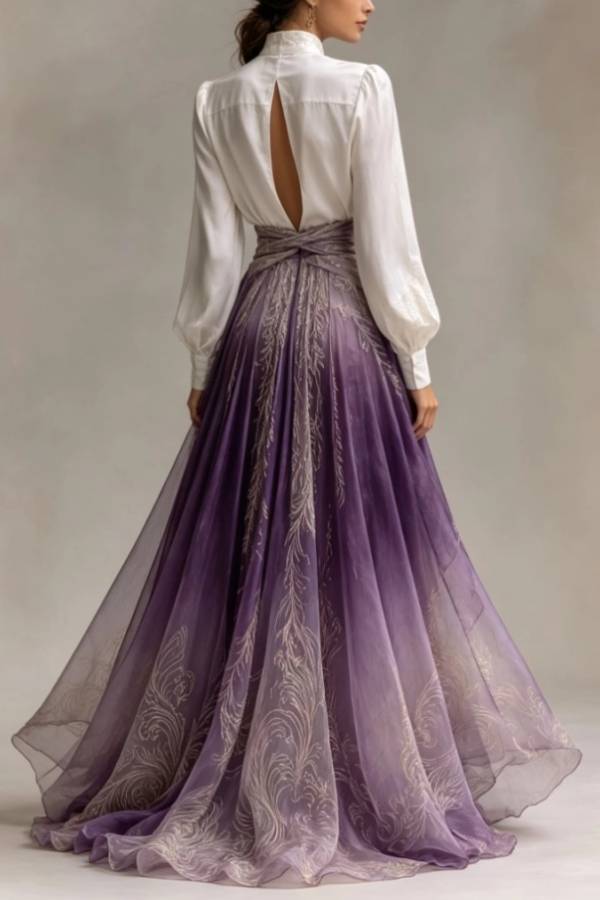 Two-piece Embroidered Satin Shirt With Vertical Collar Gradient Purple Kink Split Floating Dress