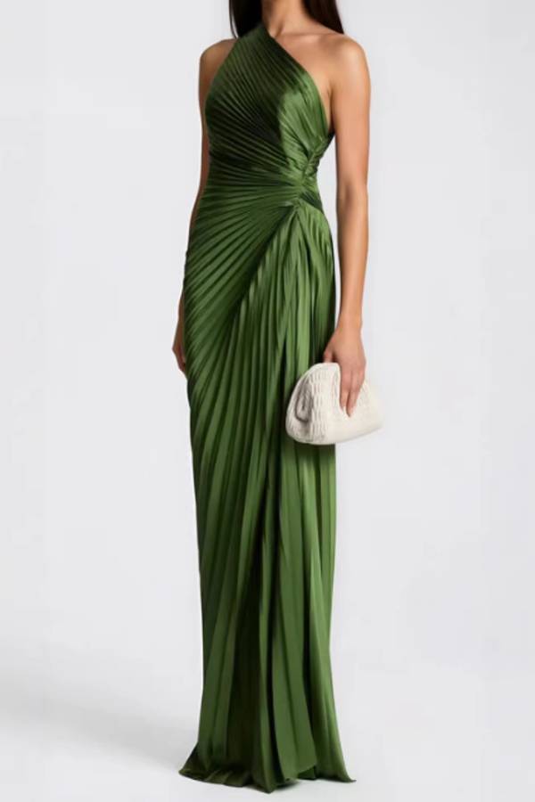 Green Satin One‑Shoulder Pleated Long Evening Gown