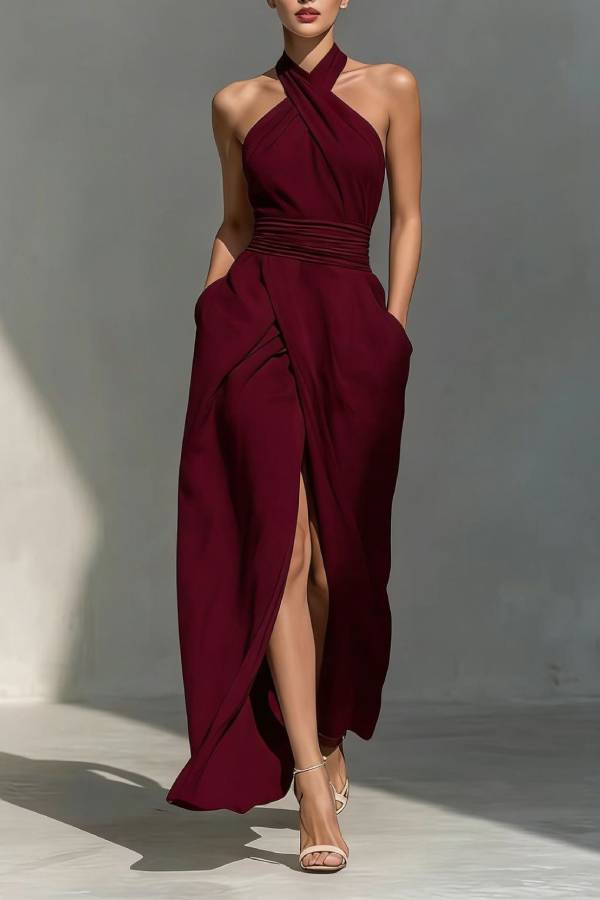 Halter Cross-Wrap Waist Slit Maxi Dress