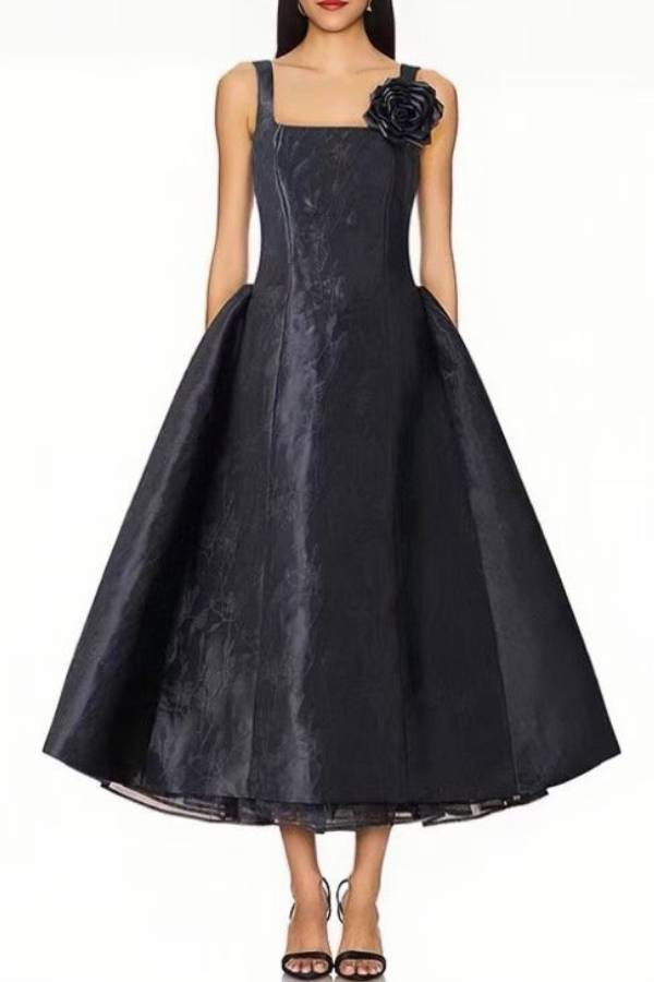 Square Neck Midi Ball Gown with 3D Rose Applique