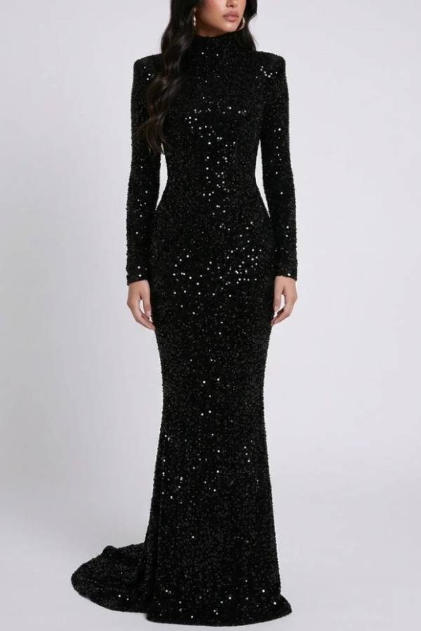 Black Sequin High Neck Long Sleeve Mermaid Maxi Evening Dress