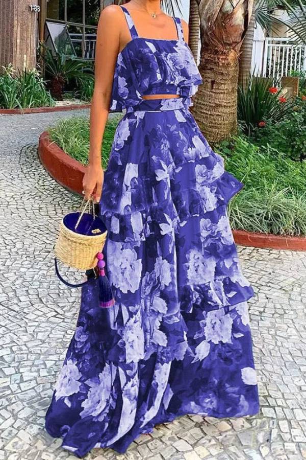 Vintage Floral Print Ruffled Cami & Skirt Set
