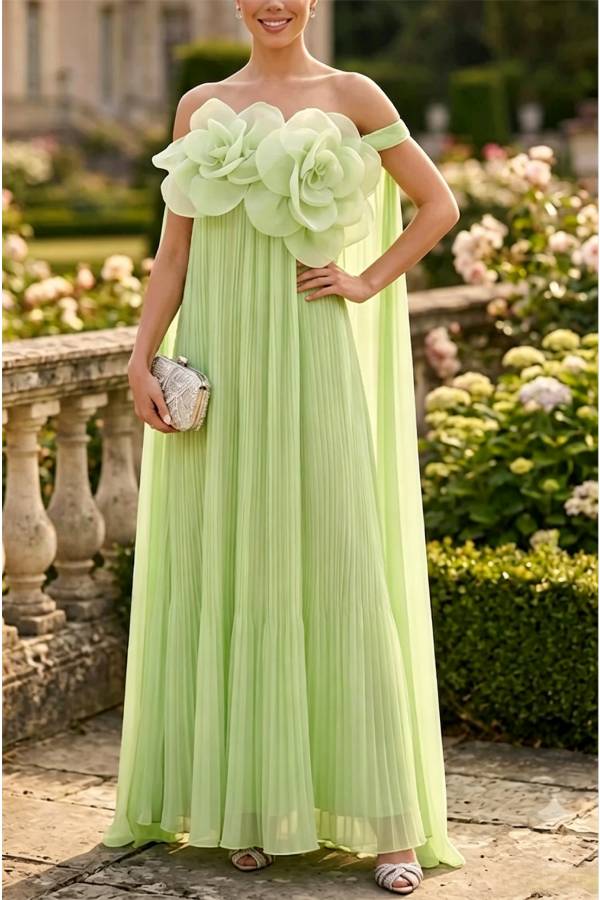 Jaclyn Sheer Tulle 3D Floral Embellishments Sculpted Pleated Strapless Maxi Dress