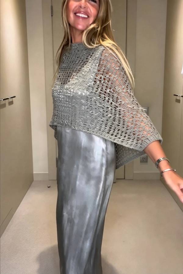 Journi Cutout Knit Cape Top and Satin Sleeveless Maxi Dress Two Pieces Set