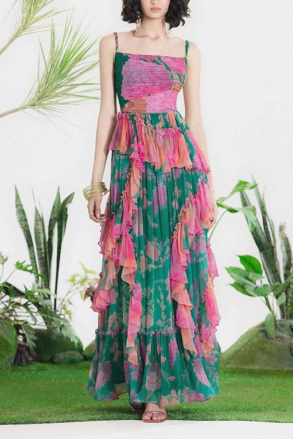 Color‑block Floral Print Tiered Ruffle Cami Maxi Dress