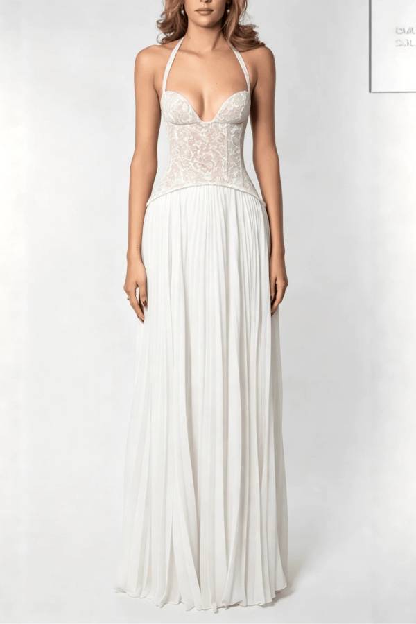 Halter Lace Corset Pleated Chiffon Maxi Evening Gown