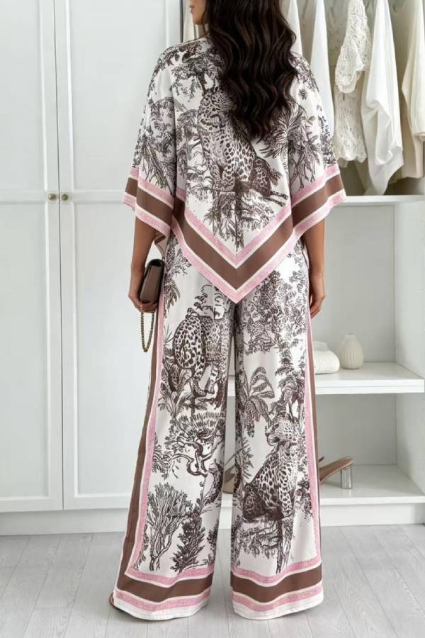 Jungle Leopard Print Batwing Sleeve Top & Wide‑Leg Pants Two‑Piece Set