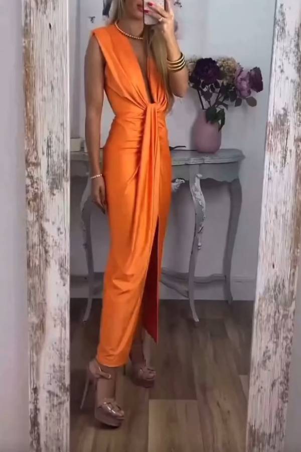 Deep V Twist Ruched Slit Maxi Evening Dress