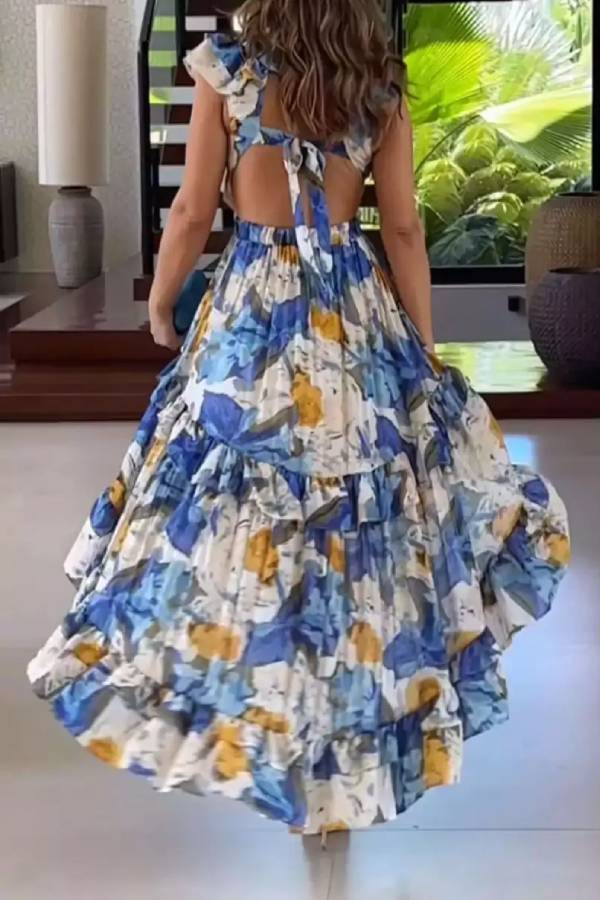 Deep V Ruffle Back Tie Irregular High Low Tiered Floral Maxi Dress