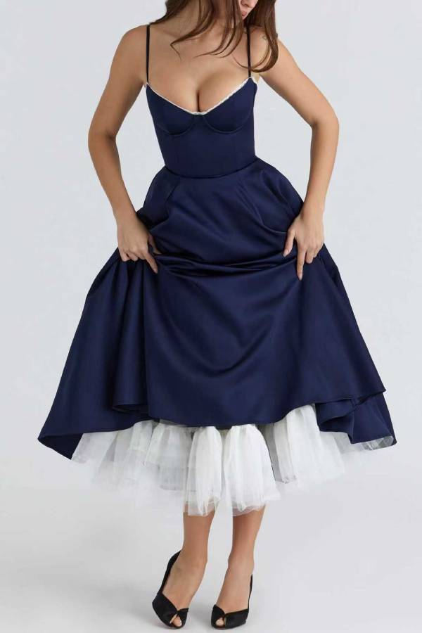 Lace Trim Corset Satin Midi Swing Dress