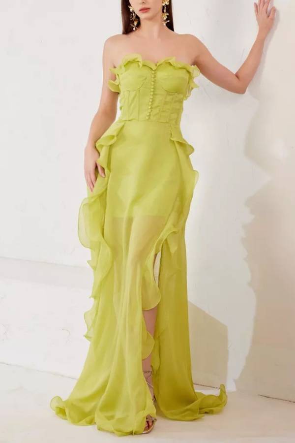 Lemon Yellow Strapless Corset Ruffled Slit Evening Gown