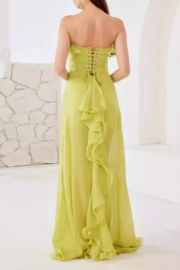 Lemon Yellow Strapless Corset Ruffled Slit Evening Gown