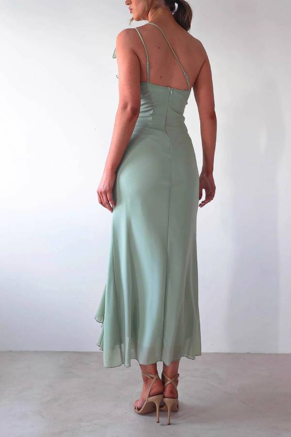 One‑Shoulder Ruffle Ruched Slit Midi Evening Dress