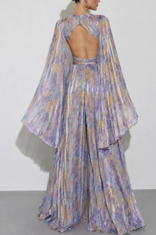 Pleated Chiffon Open-angle Sleeve Jumpsuit, Cut-out Waist