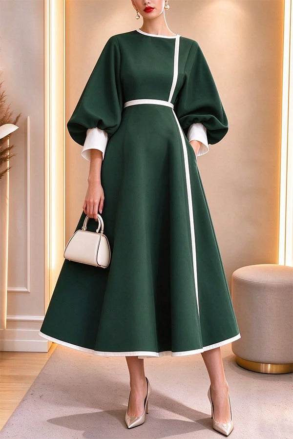 Elegant Color-block Lantern Sleeve Cinched Waist Pocketed Mid Dress