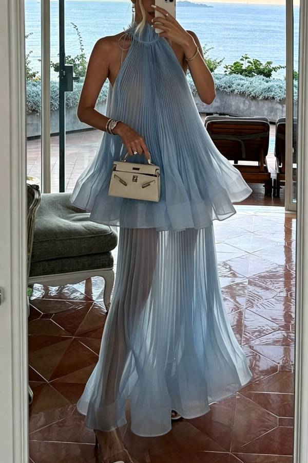Evelyn Tulle Pleated Fabric High Neck A-line Tank and Elastic Waist A-line Maxi Skirt Set