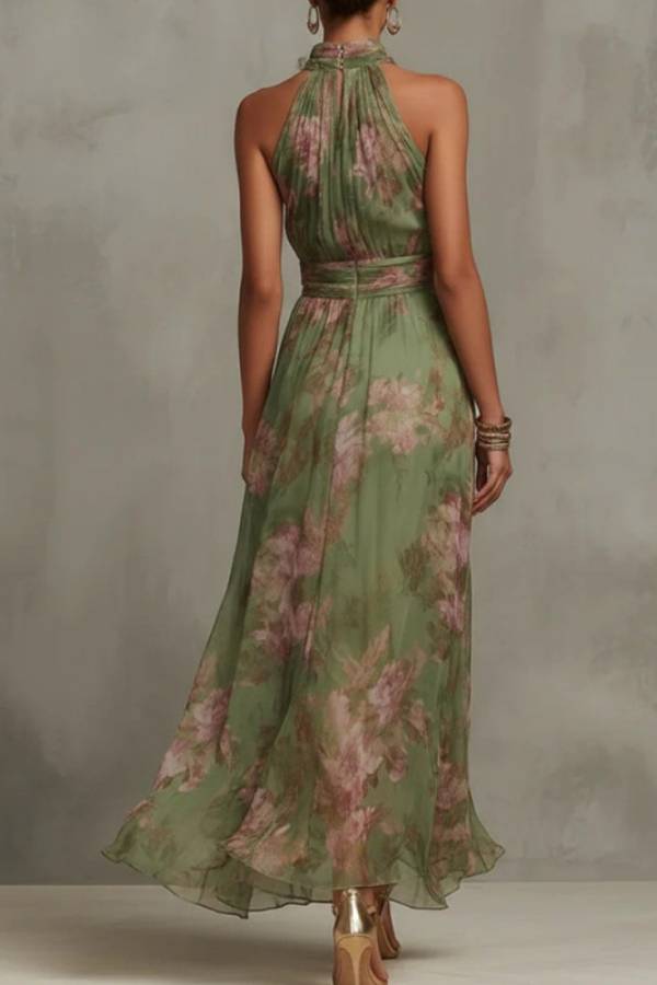 Halter Neck Watercolor Floral Print Chiffon Maxi Dress
