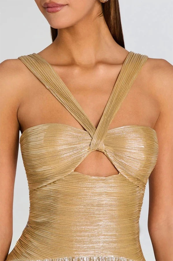 Solace Pleated Metallic Fabric Halter Neck Cutout Flowy Maxi Dress
