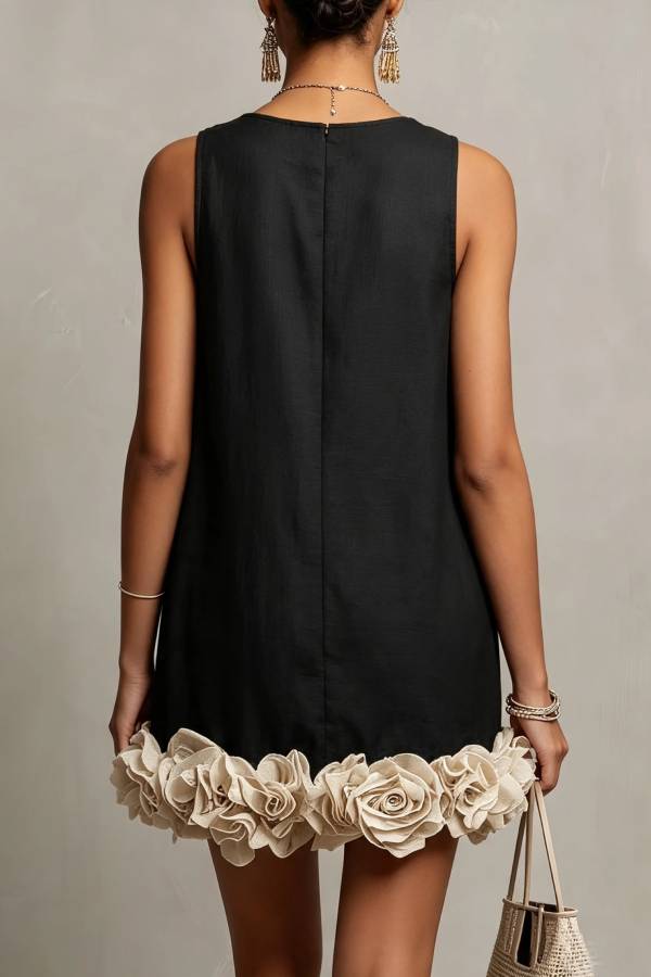 Black Sleeveless 3D Flower Detail Loose Mini Dress