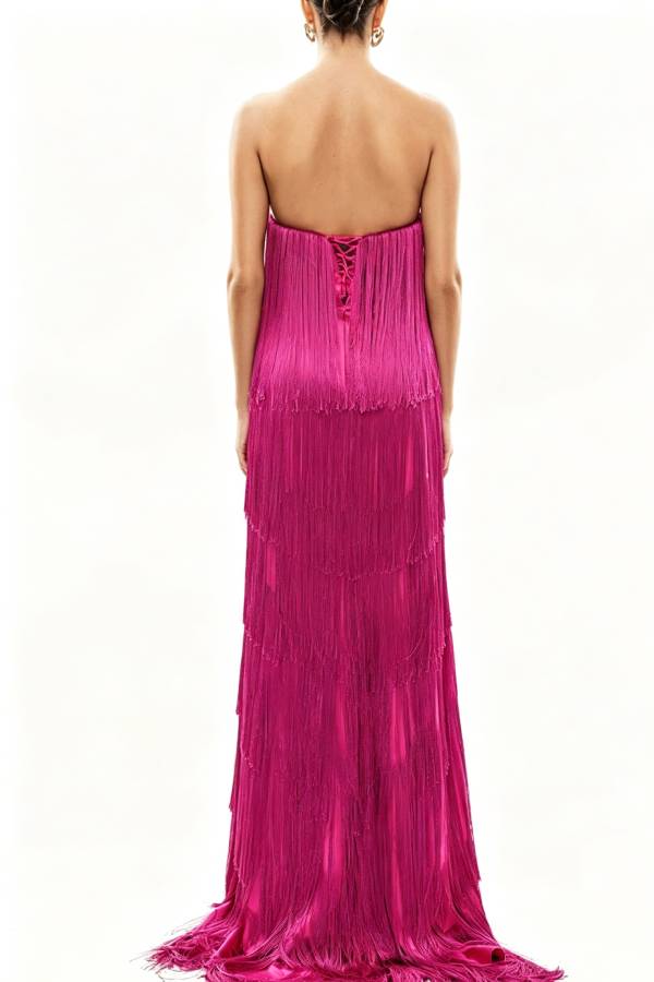 Party Queen Layered Tassel Design Off Shoulder Back Tie-up Maxi Dress