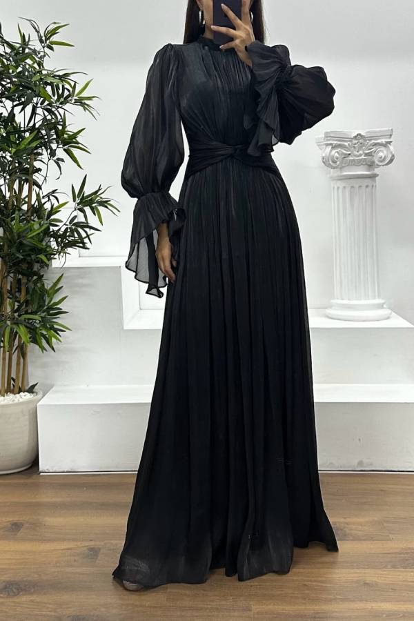 High‑Neck Puff Long Sleeve Twist Waist Shiny Pleated Maxi Gown