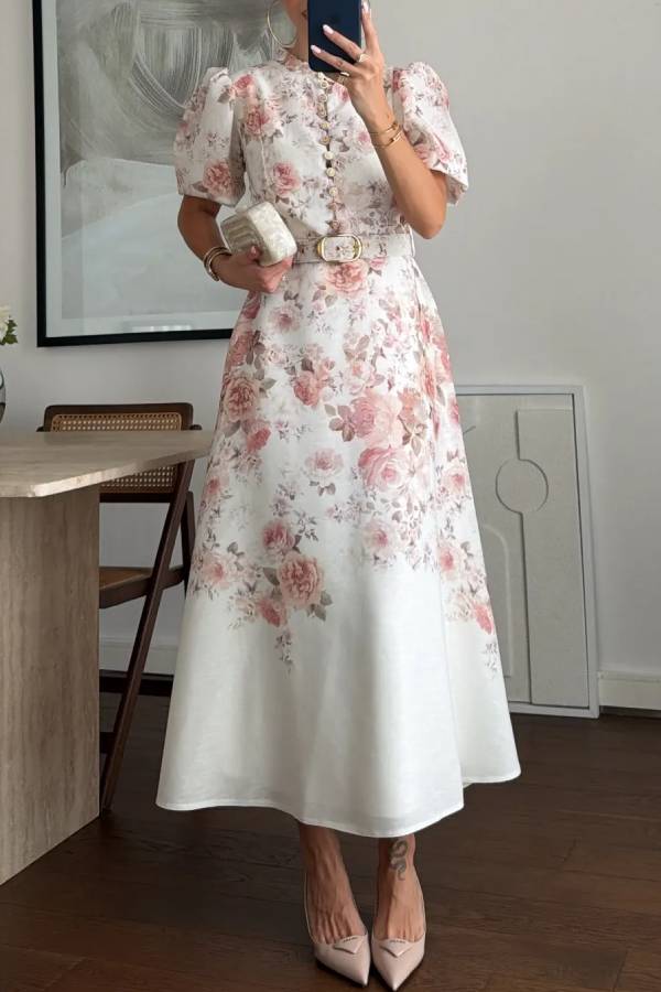 French Rose Print Puff Sleeve Midi Dress