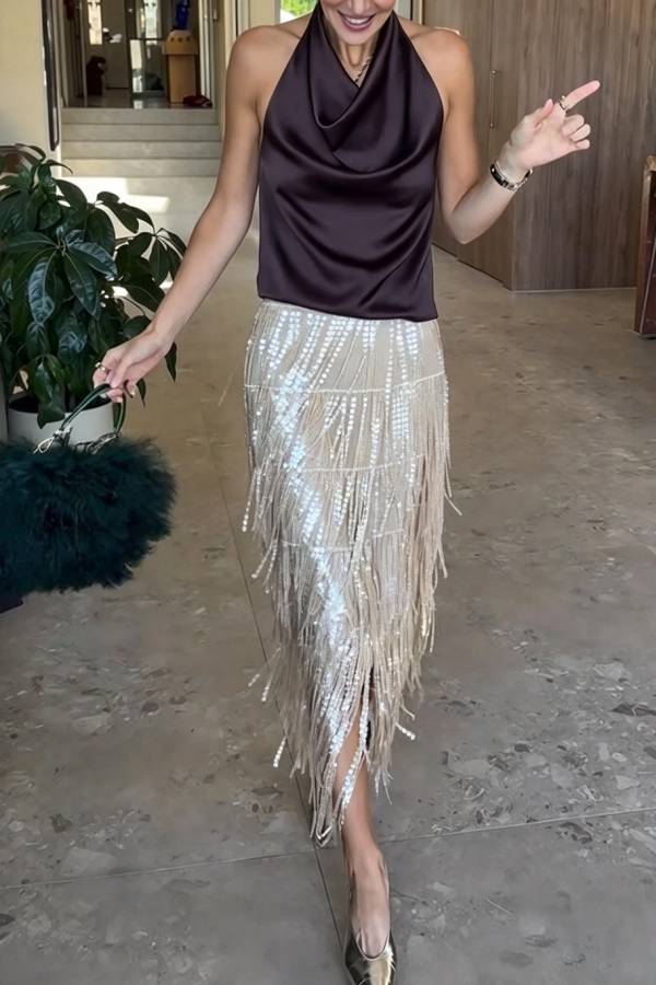 Champagne Party Layered Sequined Tassels Mid Rise Elastic Waist Midi Skirt