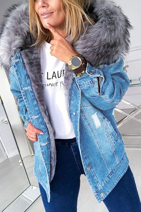 Big Fur Collar Distressed Denim Jacket