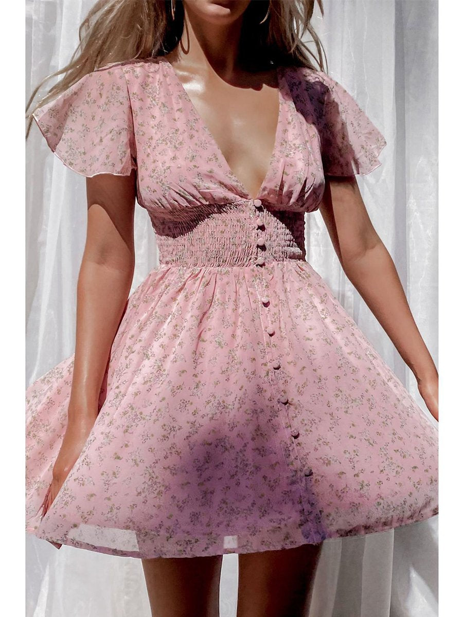 Plunge V-neck Smocked Print Mini Dress