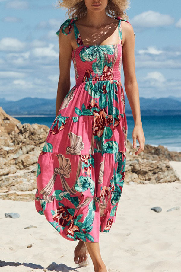 Fake Suspender Lace-up Printed Long Dress